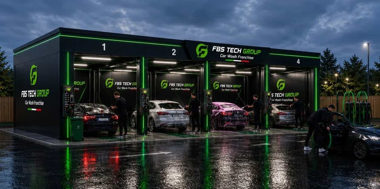A four-bay FBS Tech Group station at dusk, cars mid-wash under LED-lit canopies with coloured reflections across the wet forecourt