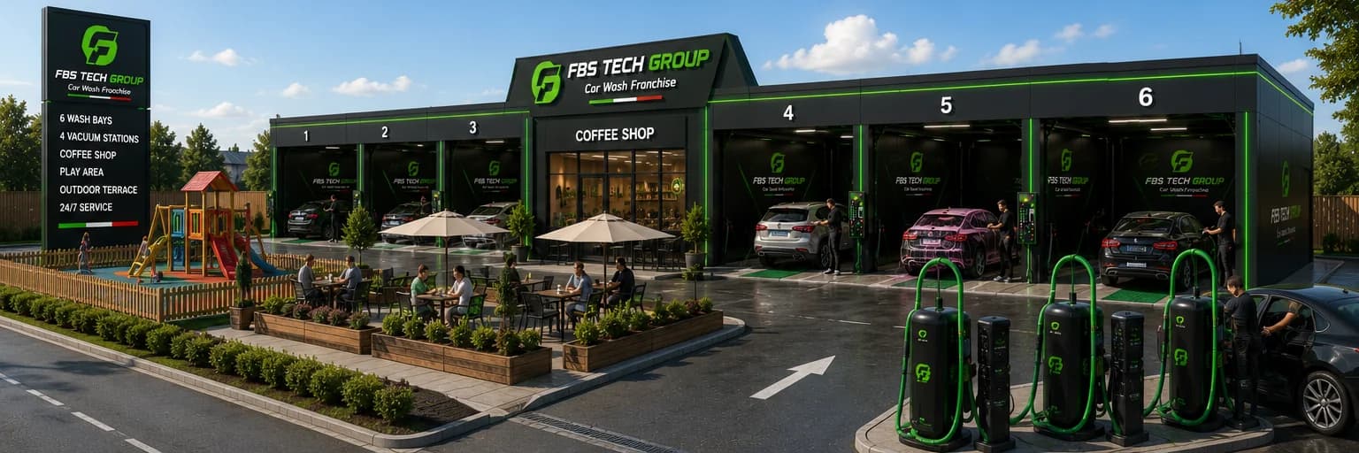 An FBS flagship site in daylight, with the coffee shop, outdoor terrace and play area beside the wash bays