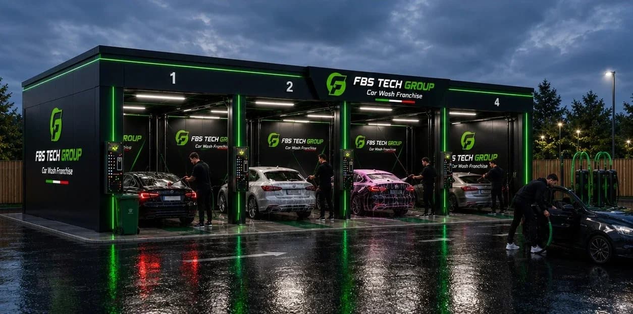 A four-bay FBS Tech Group station at dusk, four cars mid-wash under LED-lit canopies with coloured reflections across the forecourt