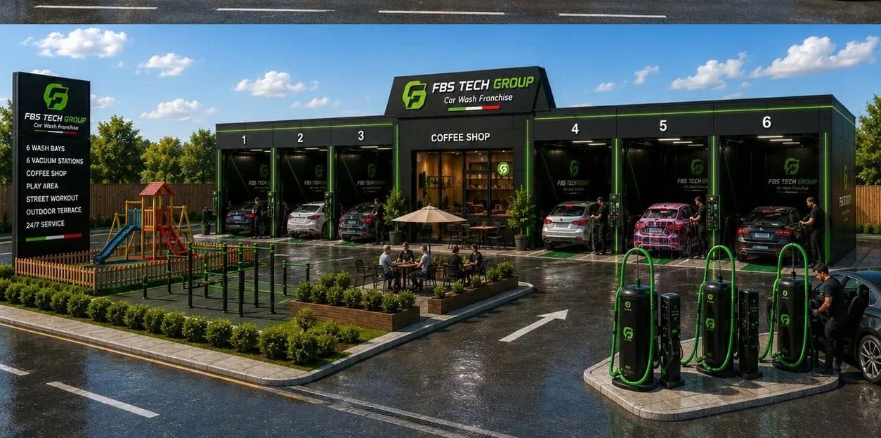 The eight-bay FBS Tech Group flagship from the roadside, with coffee shop, outdoor terrace and children’s play area alongside the wash bays